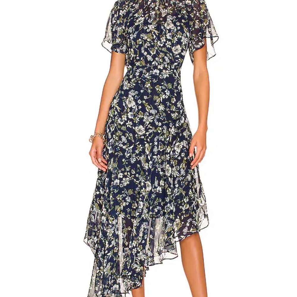 Astr Blue and White Floral Asymmetrical Flutter Sleeve Dress